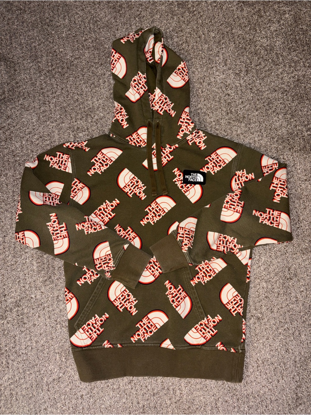 The North Face Olive Green Hoodie with Cream and Coral Logo Print